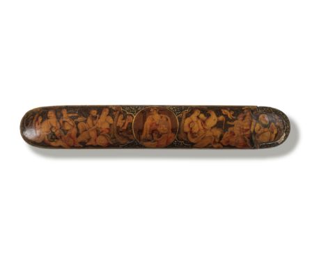 A Qajar lacquer penbox (qalamdan) with figural scenes Persia, 19th Centurywith rounded ends and sliding tray, decorated in po