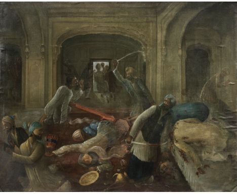 Sardar Sukha Singh and Sardar Mehtab Singh retaking the Golden Temple from Mughal occupation Punjab, by the artist Trilok Sin