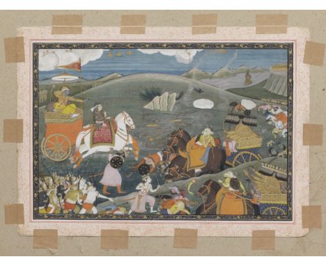 A scene from a Ramayana series (the 'Second' Guler Ramayana), depicting Rama about to kill the demon king Ravana in the battl