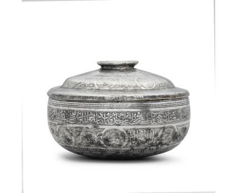 A Mamluk tinned-brass bowl and cover Egypt or Syria, 15th Centuryof deep rounded form with slightly inverted rim, the domed l