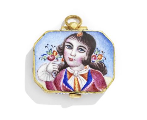 A Qajar enamelled gold locket Persia, 19th Centuryof octagonal form, suspension loop and hinge to the top, clasp to the botto