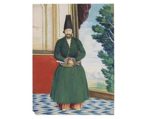 A Persian dignitary wearing a green coat, standing on a palace terrace with a landscape beyond, by Abu'l-Hasan Ghaffari, Sani