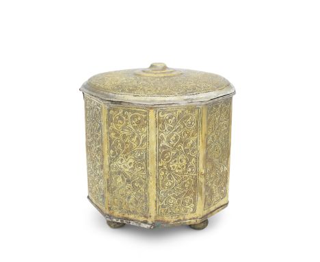 An engraved silver-plated brass casket Andalusia, probably 15th/ 16th Centuryof decagonal form, with lifting convex lid surmo