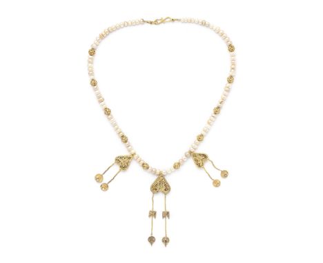 A Seljuk filigree gold necklace Persia, 12th Centurycomprising a heart shaped gold element with pendent  polygonal elements a