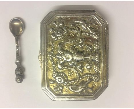 C19th White Metal Rectangular Canted Corner Table Snuff Box, lid embossed with flowers, urn, bellflowers, swags, exotic birds