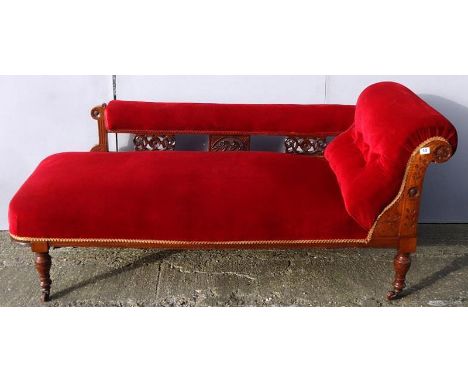 Victorian Chaise Longue with right hand scroll, upholstered in red Draylon, back rail supported with carved & pierced panels 
