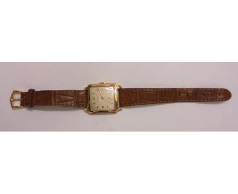 18ct Gold Patek Philipe Gents Wristwatch, square dial with baton markers, secondary seconds hand, gold hands, with leather st