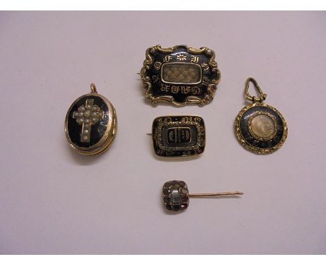C19th Memorial Jewellery incl. Yellow Metal Brooch with central woven hair panel, later pin, Oval Locket with seed pearl cros