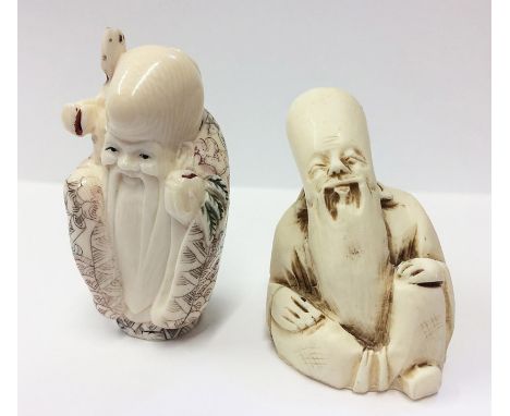 Shon Lai Carved Ivory Netsuke with decorated robes & Ivory Netsuke Seated Figure old man with long beard (2) 