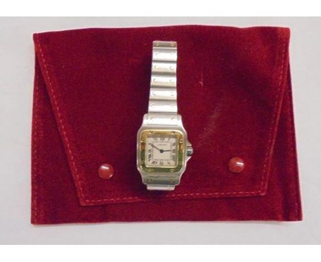 Ladies Cartier Wristwatch No. 33234303CD, square dial with rounded corners, Roman numerals, blued hands, sapphire button, met