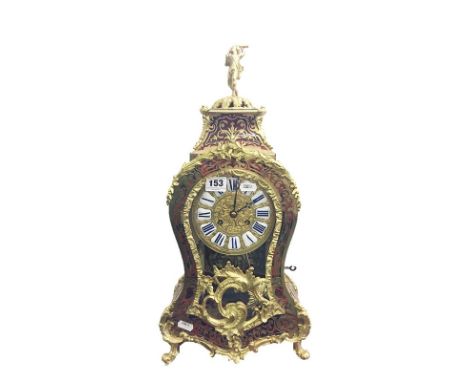 C19th Scarlet Boulle Premiere Partie Mantel Clock with sunburst pendulum, front panel with inlaid rear door & floor, profuse 