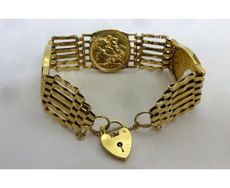 9ct Gold 6 Bar Gate Bracelet with heart shaped padlock, set 3 Victorian old head sovereigns, 1897, 1900 & 1895 