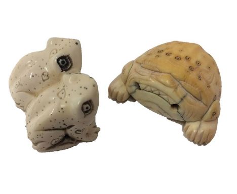 Carved Ivory Netsuke Ball with 2 Frogs signed to base & Grotesque Toad (2) 