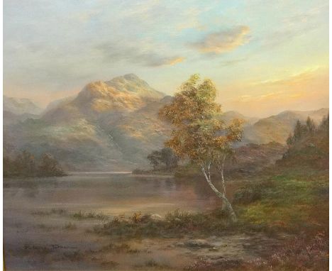 Modern British Oil by Prudence Turner, Scottish Lake Scene with tree lined banks, mountains to distance, in swept gilt frame,