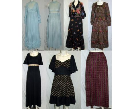 Ladies Vintage 70s Dresses incl. black evening dress with gold trim & belt, long black floral print gypsy dress, short black 
