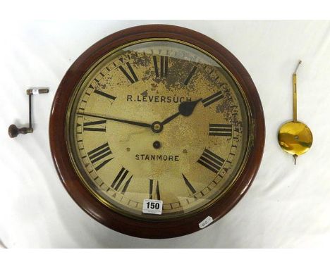 C19th Fusee Dial Clock with mahogany case, 12" painted dial marked 'R Leversuch Stanmore', gut movement, pendulum, cranked wi