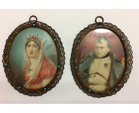 2 Oval C19th Miniatures on ivory, 3/4 portrait Napoleon wearing military waistcoat with medals & Josephine wearing crown & pi