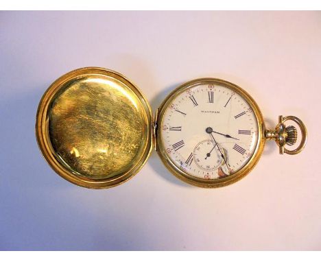 18ct Gold Waltham Hunter in engine turned case, dial a/f, inner & outer cases 18ct 
