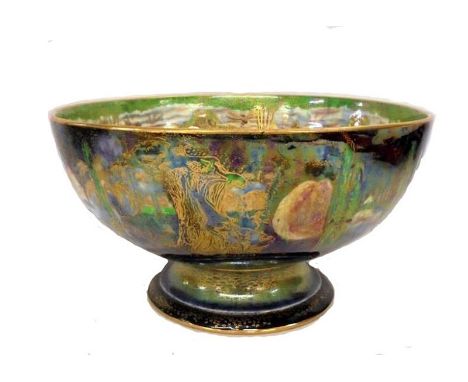 Large Wedgwood Fairyland Lustre Bowl No. Z4968, base set with cherub admiring itself in mirror with 5 trees amongst woodland,