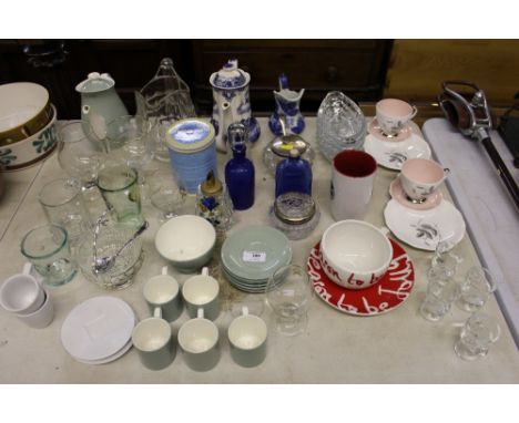 A blue and white coffee pot; glass dishes; Wedgwood coffee cups and saucers; various glassware etc. 