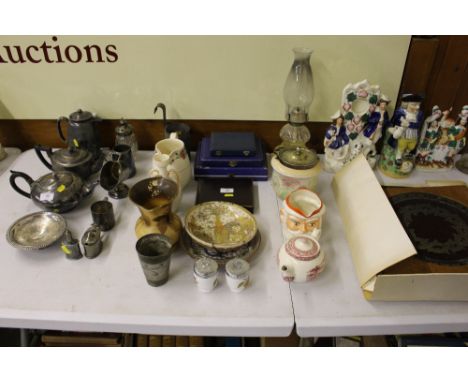 A Japanese Satsuma bowl; a glass oil lamp; boxed cutlery; a Royal Staffordshire teapot; Royal Worcester egg coddlers etc.