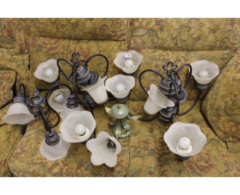 A pair of three branch chandeliers; a pair of matching wall lights; and one other three branch light fitting 