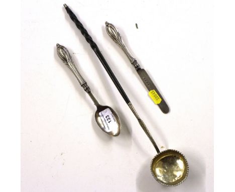 A Georgian silver whale bone toddy ladle and a silver knife and spoon