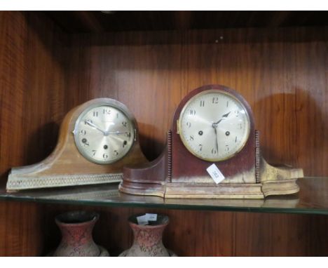 A MAHOGANY NAPOLEON HAT MANTEL CLOCK BY MAPPIN AND WEBB TOGETHER WITH ANOTHER, BOTH WITH DAMAGES