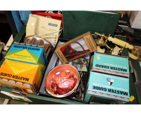 A BOX OF COLLECTABLES TO INCLUDE VINTAGE TELEPHONES