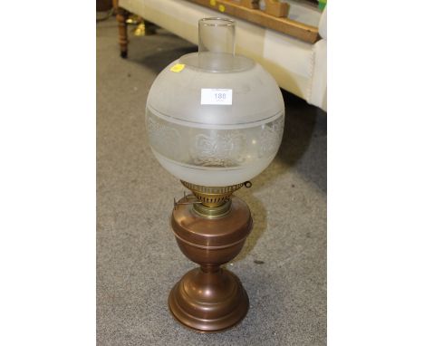 A VINTAGE COPPER OIL LAMP WITH SHADE AND FLUE