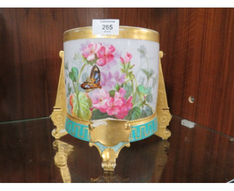 AN ANTIQUE CONTINENTAL STYLE HAND PAINTED PLANTER / FOOTED VASE DECORATED WITH CHERUBS AND BUTTERFLY, MARKED D&amp;T/L 3315, 