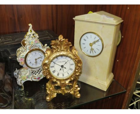 A MODERN MARBLE MANTEL CLOCK TOGETHER WITH SANDIZELL CERAMIC EXAMPLE AND ANOTHER (3)