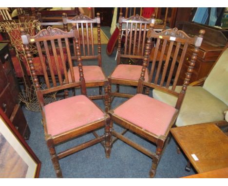 A SET OF FOUR VINTAGE OAK BOBBIN TURNED DINING ROOM CHAIRS