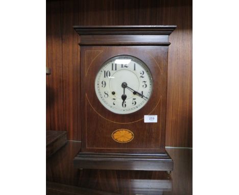 AN EDWARDIAN MAHOGANY INLAID MANTEL CLOCK,  H 42.5 cm