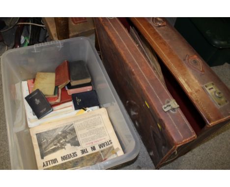 A TRAY OF SHEET MUSIC, BIBLES ETC., TOGETHER WITH A SUITCASE OF VINTAGE RECORDS