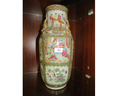 A LARGE VINTAGE CHINESE CERAMIC FAMILLE ROSE VASE, DECORATED WITH FIGURES AND BIRDS, NOTE LAMP CONVERSION HOLE TO BASE AND CH