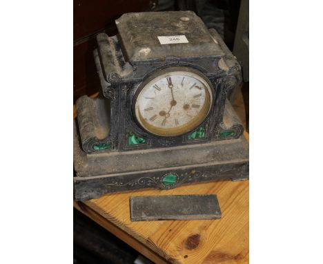 AN ANTIQUE SLATE AND MALACHITE MANTEL CLOCK