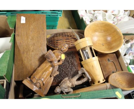 A TRAY OF TREEN TO INCLUDE A WOODEN MINERS LAMP