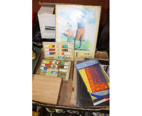 A BOX OF ART RELATED ITEMS TOGETHER WITH A MODERN ENAMEL GOLF SIGN