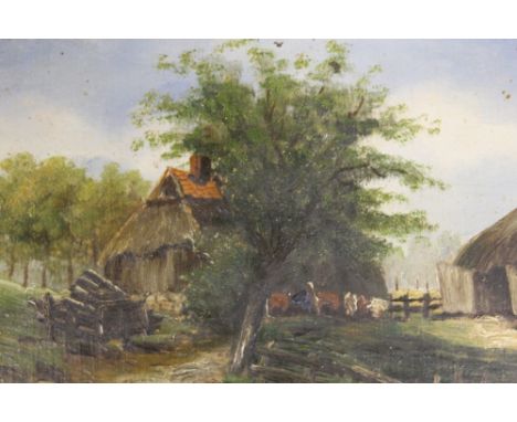 A VINTAGE GILT FRAMED OIL ON BOARD OF A FARMYARD SCENE WITH CATTLE PICTURE SIZE - 28CM X 19.5CM OVERALL - 36CM X 28CM