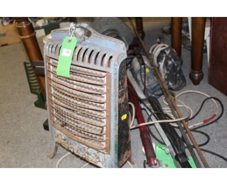 A COLLECTION OF VINTAGE ELECTRICALS ETC., to include various Hoover vacuum cleaners, an enamelled heater and weighing scales 