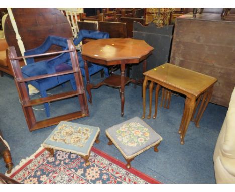 A SHAPED TWO TIER TABLE TOGETHER WITH TWO TAPESTRY FOOT STOOLS, WALL SHELVES ETC. (5)