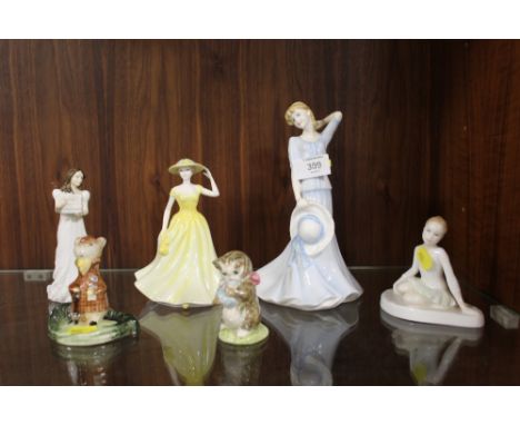 FOUR ROYAL DOULTON LADIES FIGURES - KATIE HN4323, SPRING TIME HN4586, CHRISTMAS PARCELS HN3493 AND ANOTHER, TOGETHER WITH A B