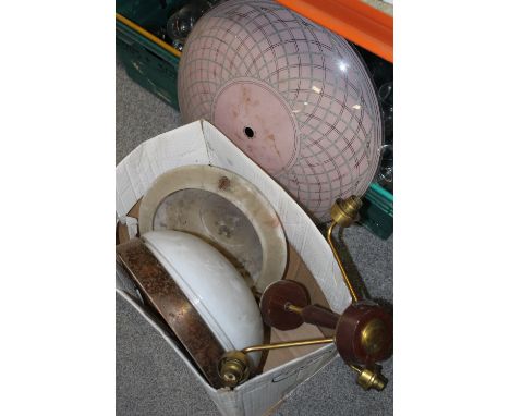 A BOX OF VINTAGE GLASS CEILING LIGHT SHADES ETC.