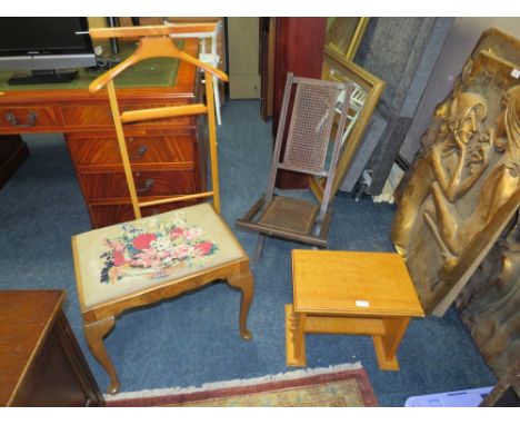 A SELECTION OF FURNITURE TO INCLUDE A TAPESTRY STOOL, FOLDING CHAIR AND VALET STAND ETC (4)