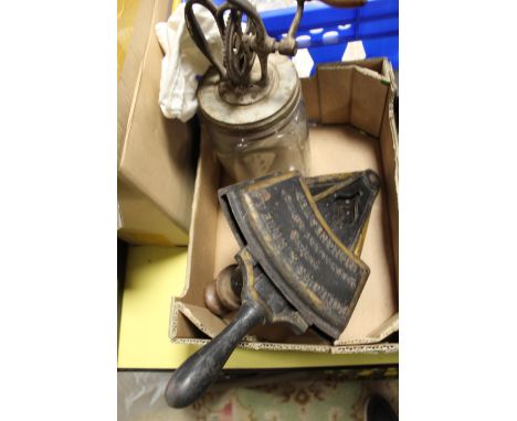 A VINTAGE FELLOWS AND BATE MARMALADE CUTTER TOGETHER WITH A VINTAGE BUTTER WHISK