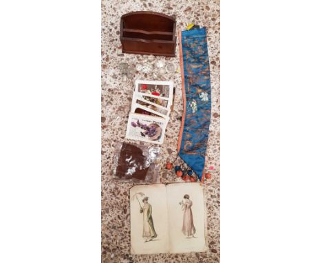 CARTON WITH WOODEN LETTER RACK, GLASS DECANTER STOPPERS, SILK HANGER & VINTAGE POSTCARDS