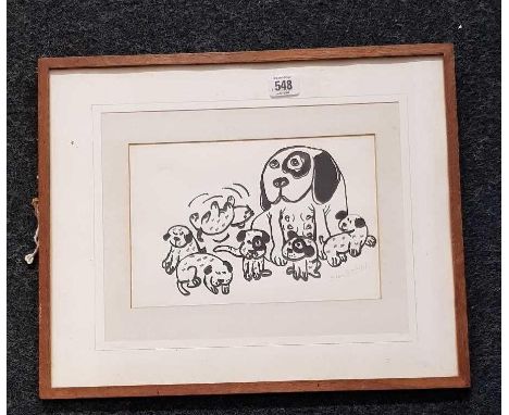 HUMOROUS PEN AND INK DRAWING OF A MOTHER DOG WITH HER 6 PUPPIES, SIGNED INDISTINCTLY B??? BOOKER, 14" X 17”