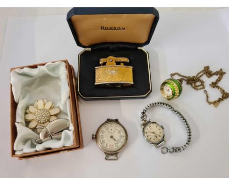 3 NOVELTY FOB WATCHES, BOXED RONSON LIGHTER, BUTE & VINTAGE WATCH & A SILVER WATCH