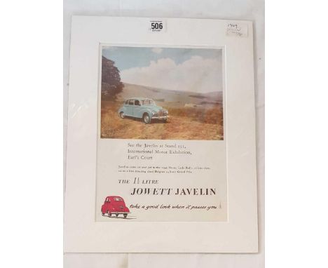 ORIGINAL COLOUR PRINTED ADVERTISEMENT FOR THE 1.5 LITRE JOWETT JAVELIN 2-DOOR SALOON, PUBLISHED 1949, 16" X 12”